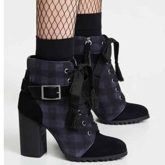 Splendid Celine High Heeled Suede Ankle Boots Black Gray Plaid SZ 9.5 NWOT - Picture 1 of 16